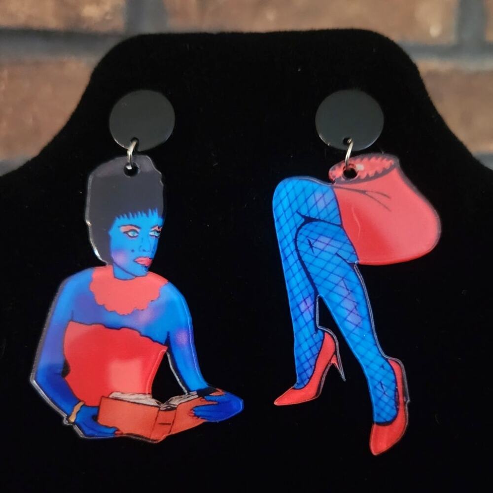 Beetlejuice Magicians Assistant Dangle Stud Earrings Acrylic Blue Red Black